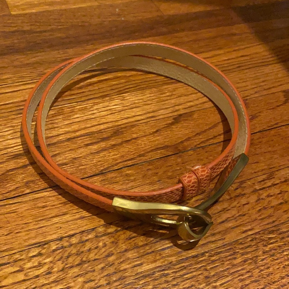 Genuine leather orange color belt size ML gold buckle closure